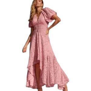 Boston Proper Puff Sleeve Lace High Low Dress barbie empire waist 2BA367…Size 4